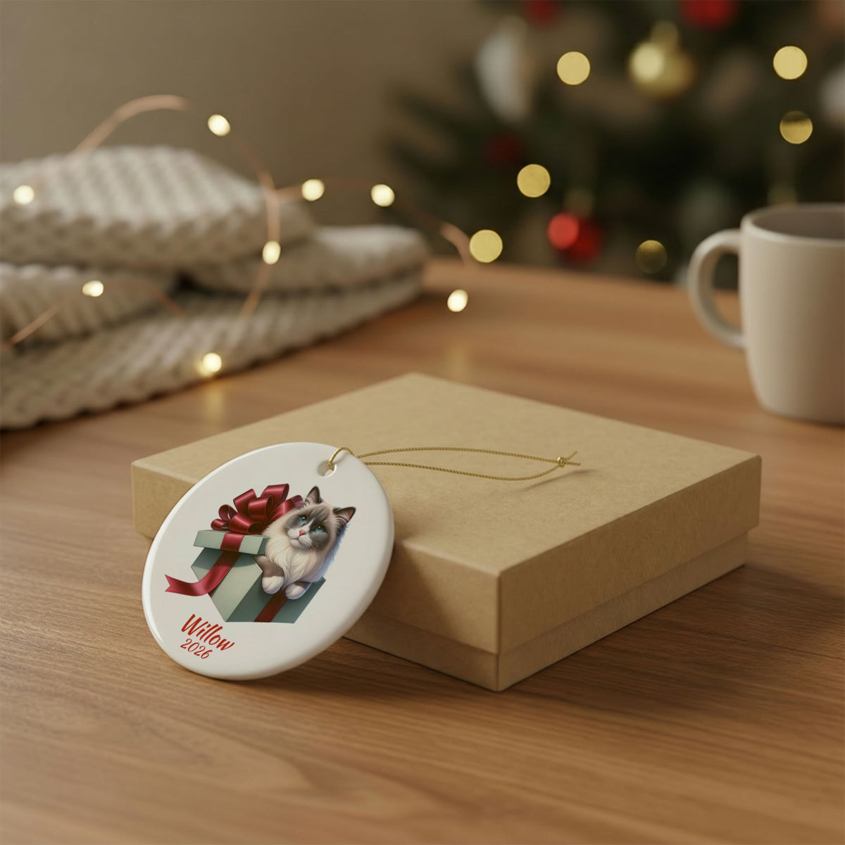 Ragdoll Cat ornament shown with the gold gift box option
