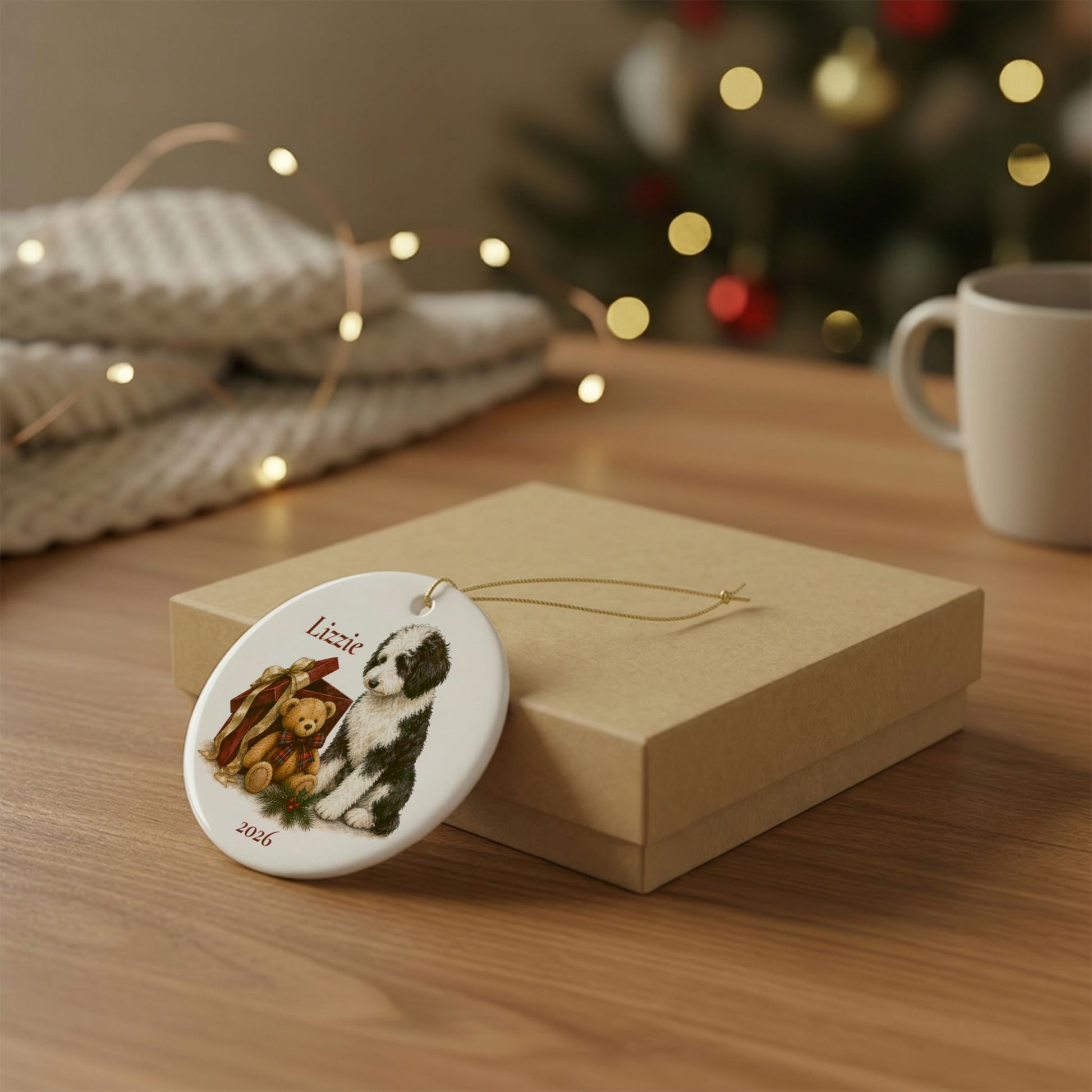 Sheepadoodle ornament shown with the gold gift box option