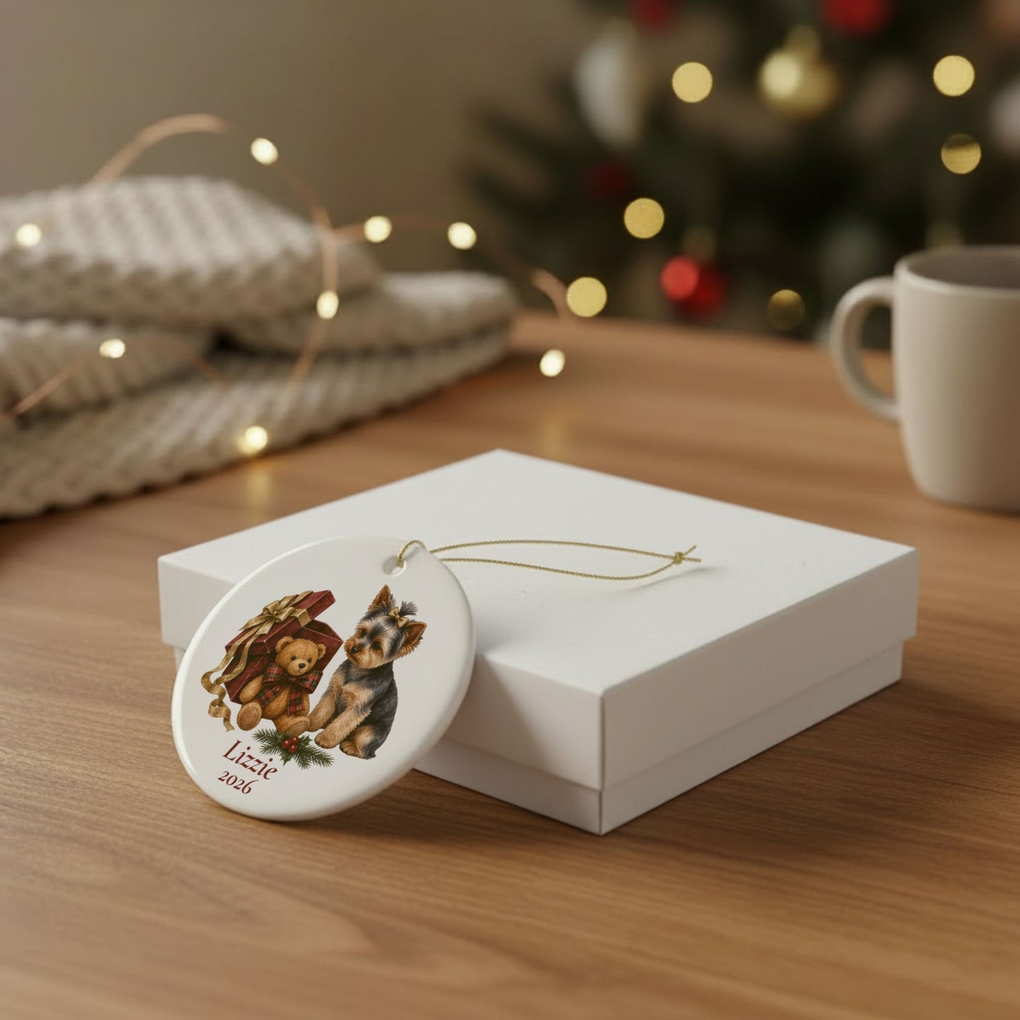 Yorkshire Terrier (Bow) ornament shown with the white gift box option