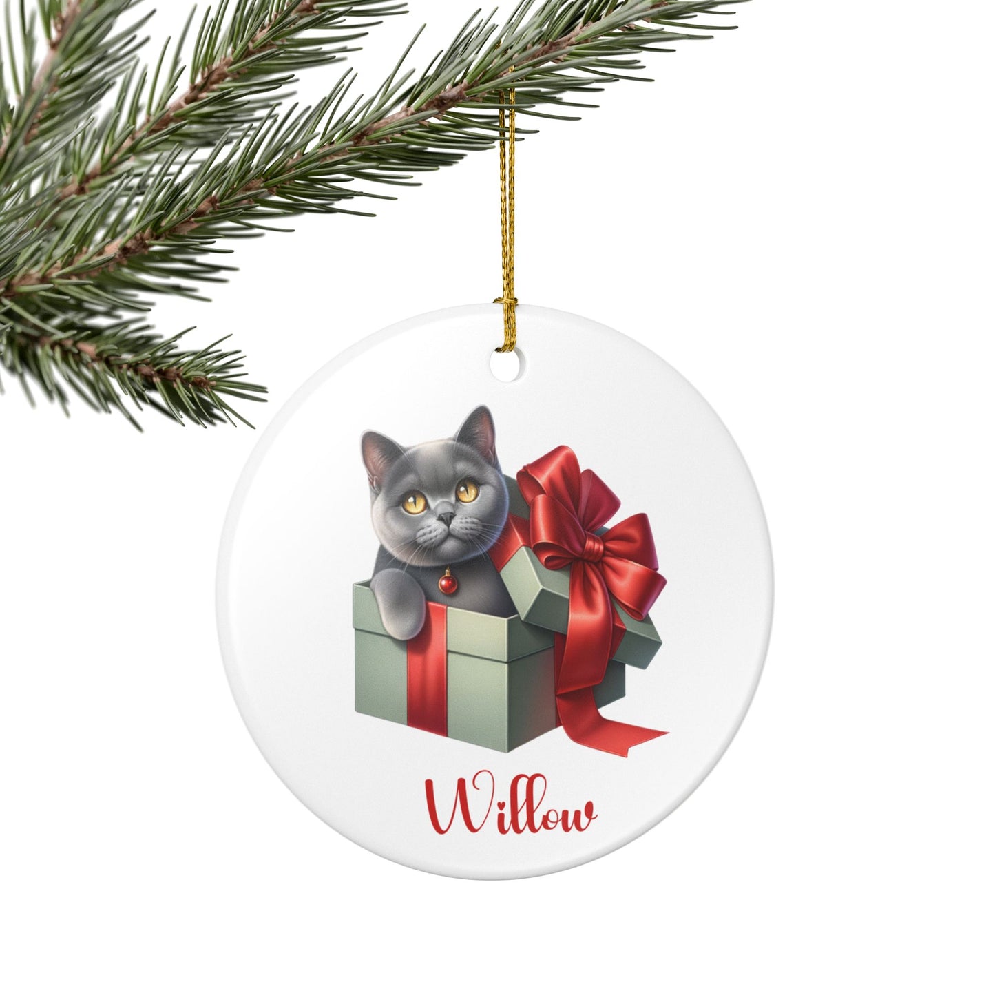 Grey Cat Ornament with Custom Name