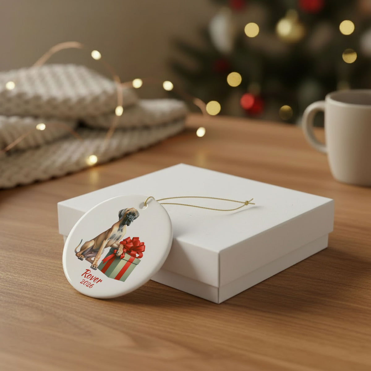Great Dane ornament shown with the white gift box option