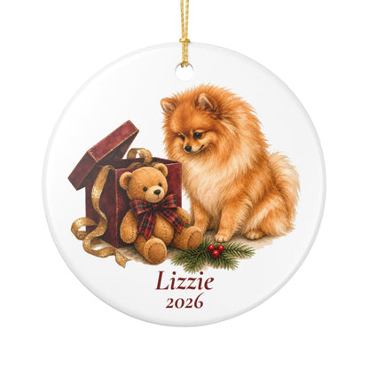 Pomeranian ornament shown with the gold gift box option