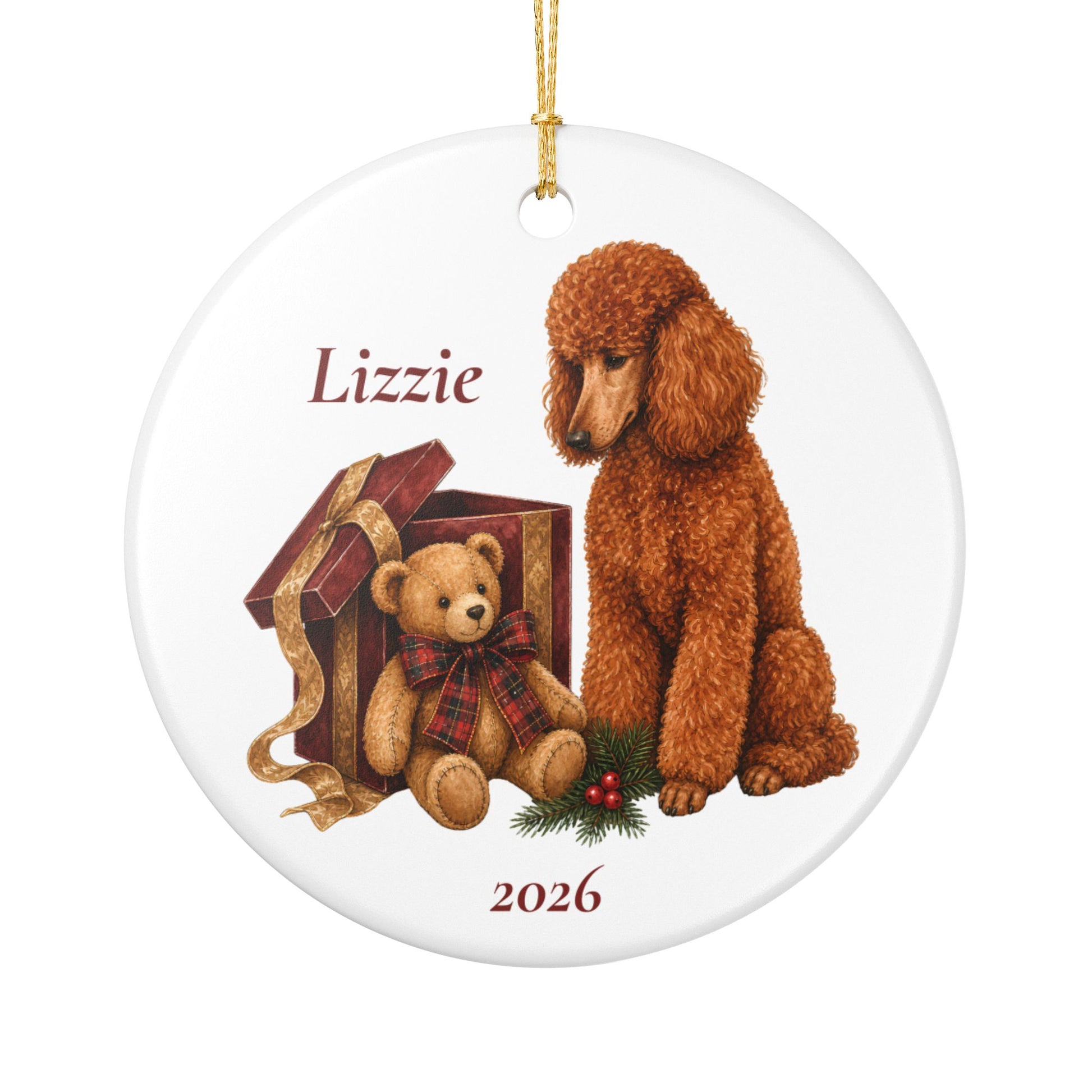 Standard Poodle ornament shown with the white gift box option