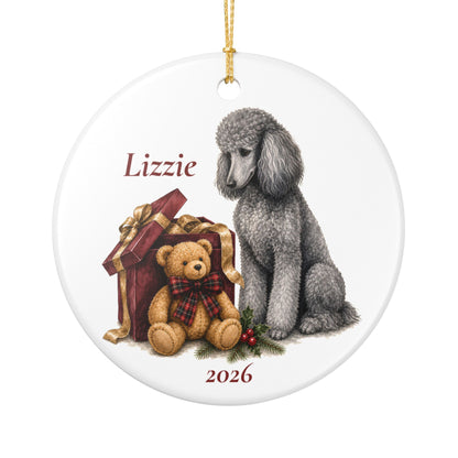 Silver Standard Poodle ornament shown with the gold gift box option