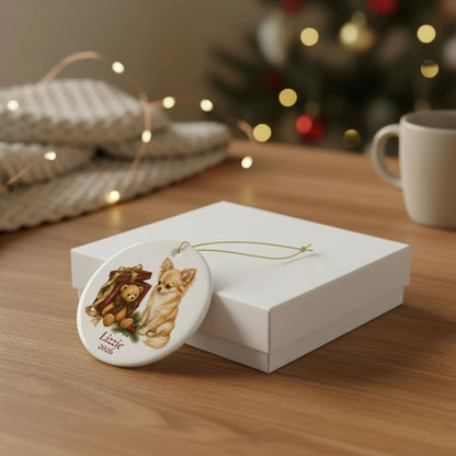 Longhaired Chihuahua ornament shown with the gold gift box option