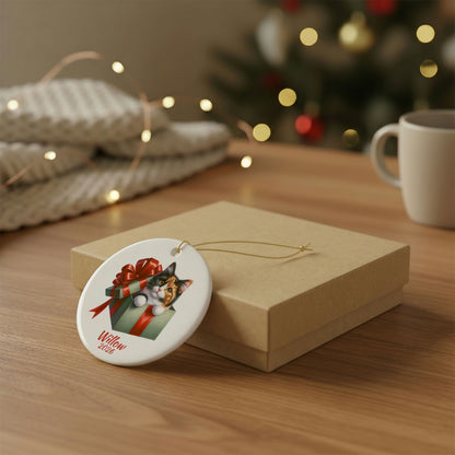 Calico Cat ornament shown with the gold gift box option