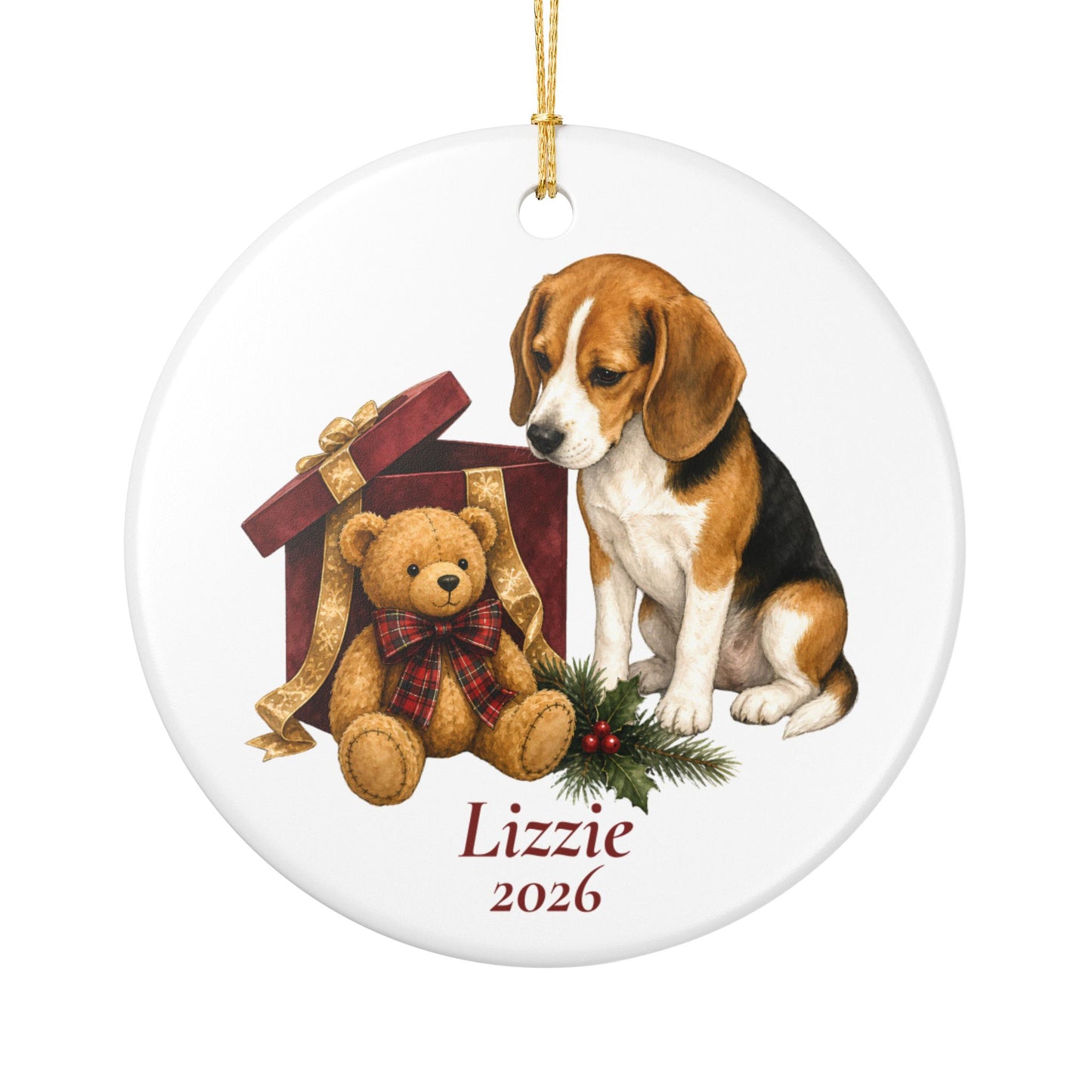 Beagle ornament shown with the gold gift box option