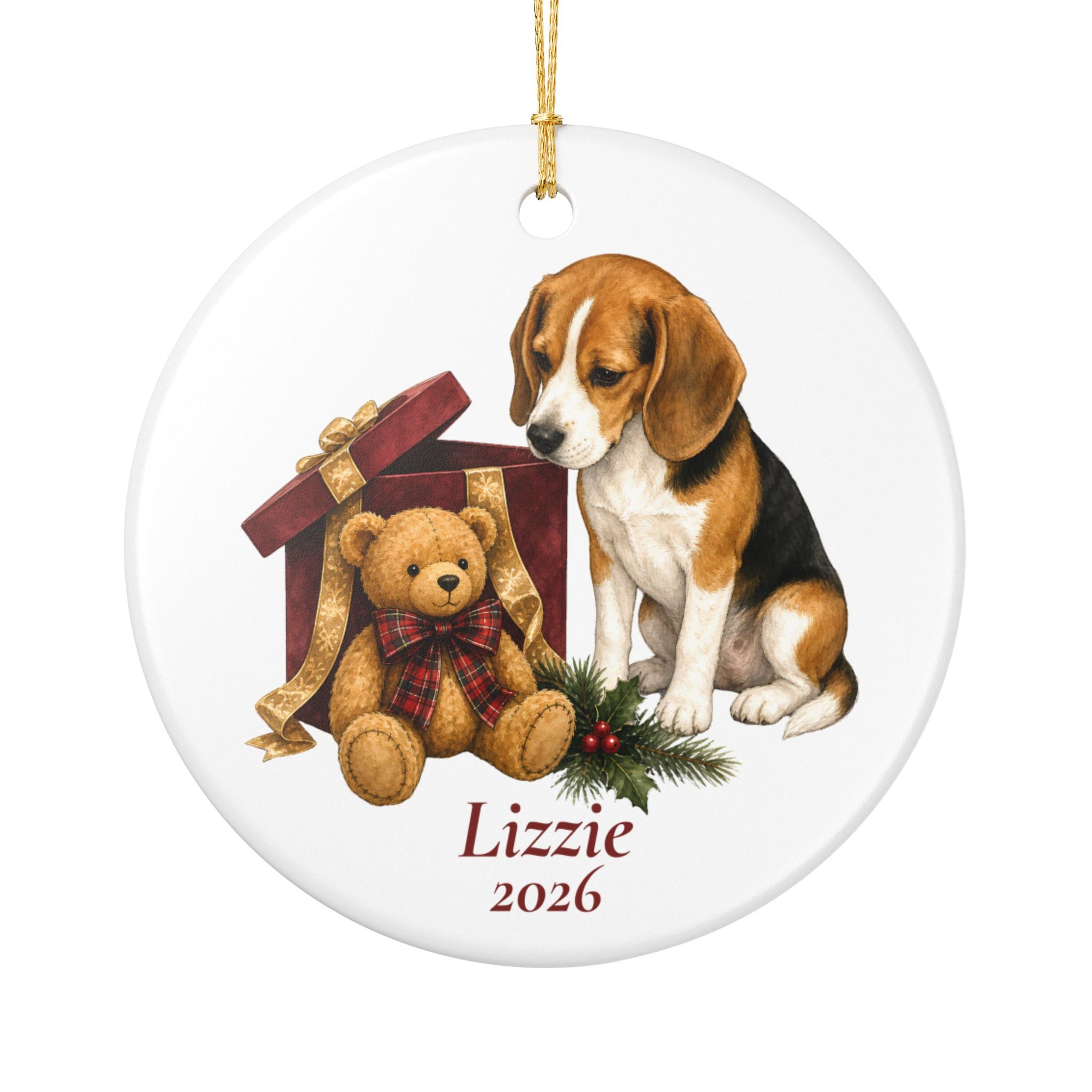Beagle ornament shown with the gold gift box option