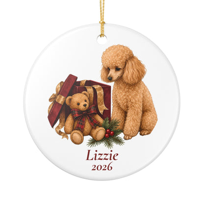 Miniature Poodle (Apricot) ornament shown with the white gift box option