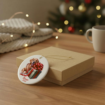 Golden Retriever ornament shown with the gold gift box option