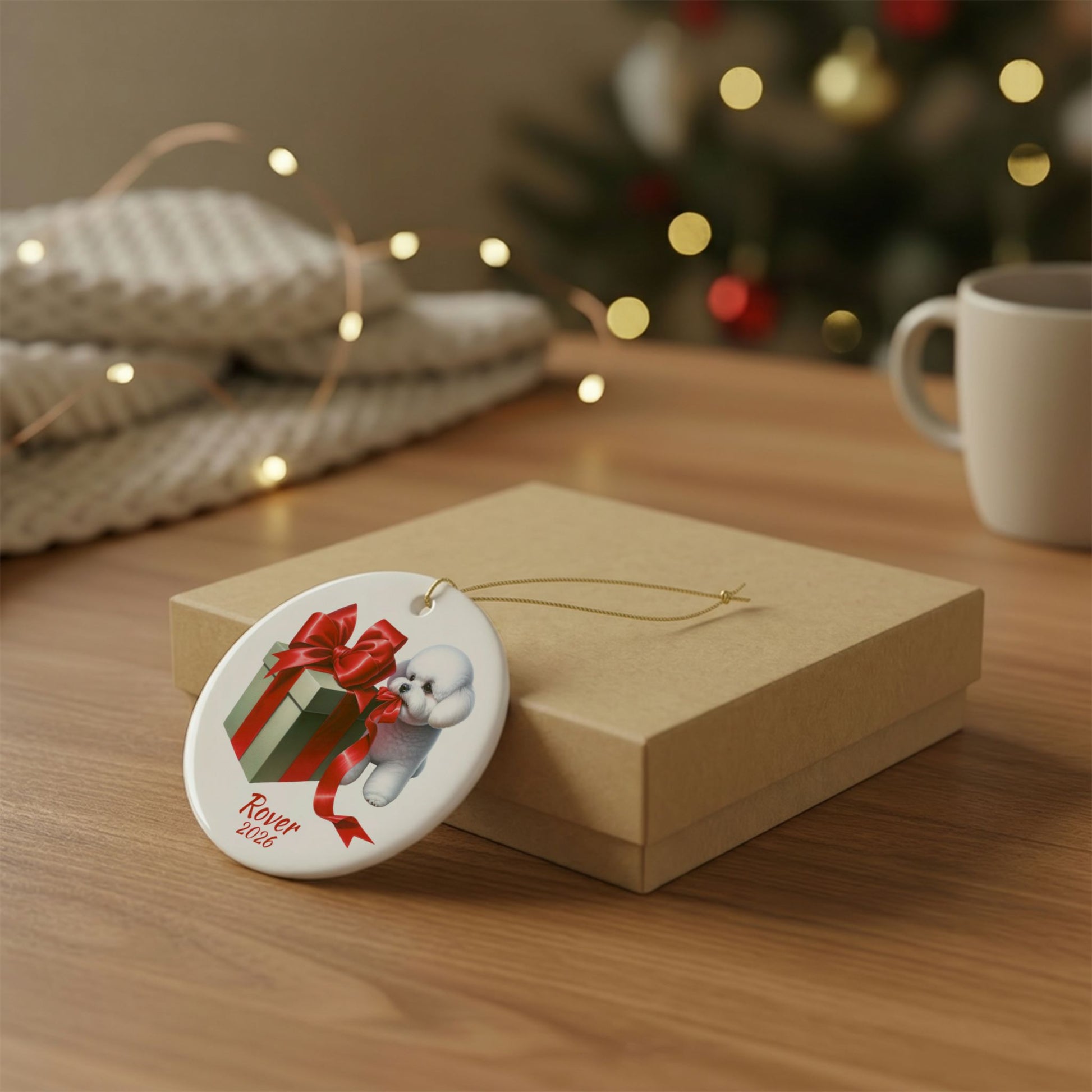 Bichon Frise ornament shown with the white gift box option