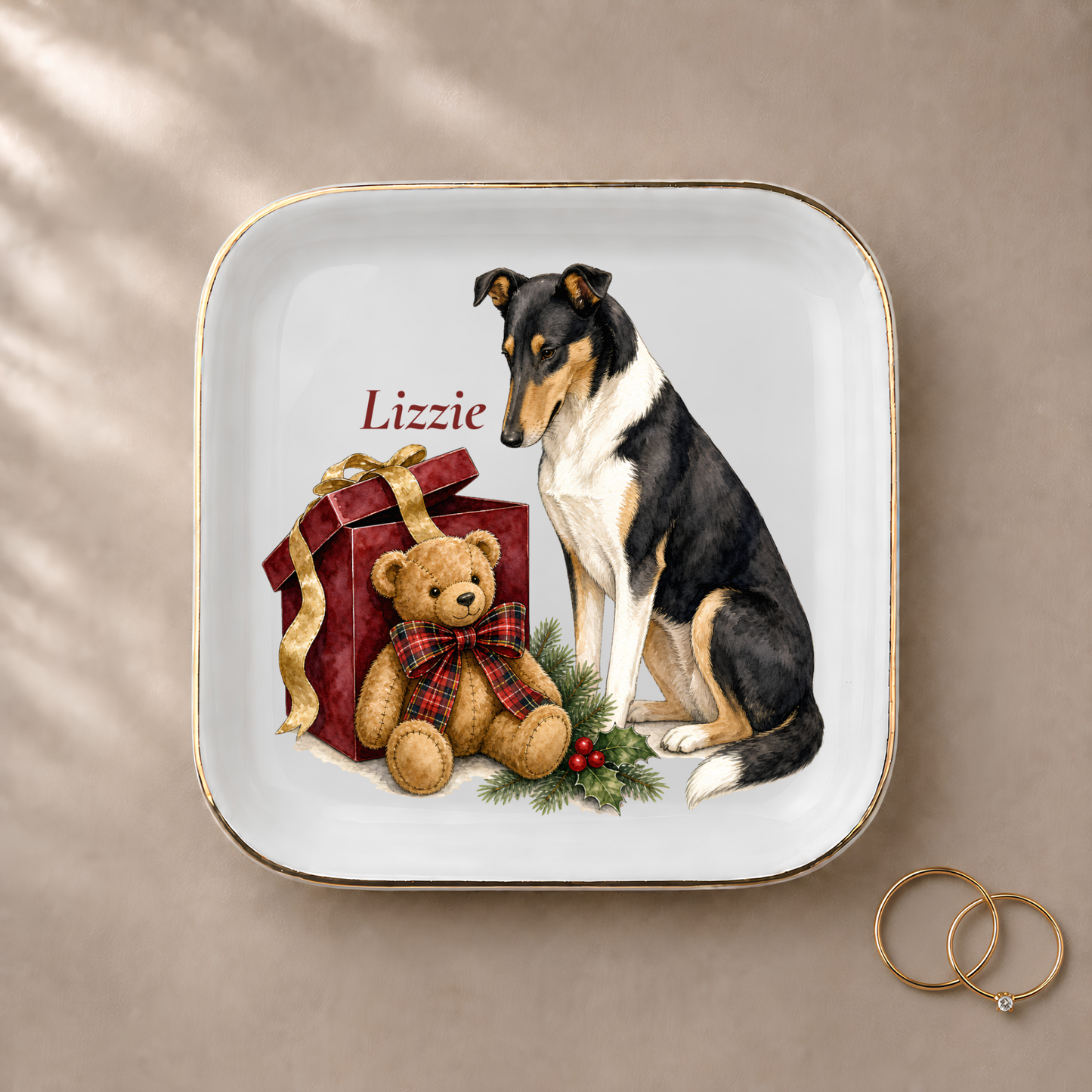 Smooth Collie jewelry dish styled with gold rings and a personalized name