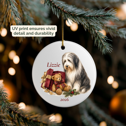 Personalized Bearded Collie ornament hanging on a lit Christmas tree