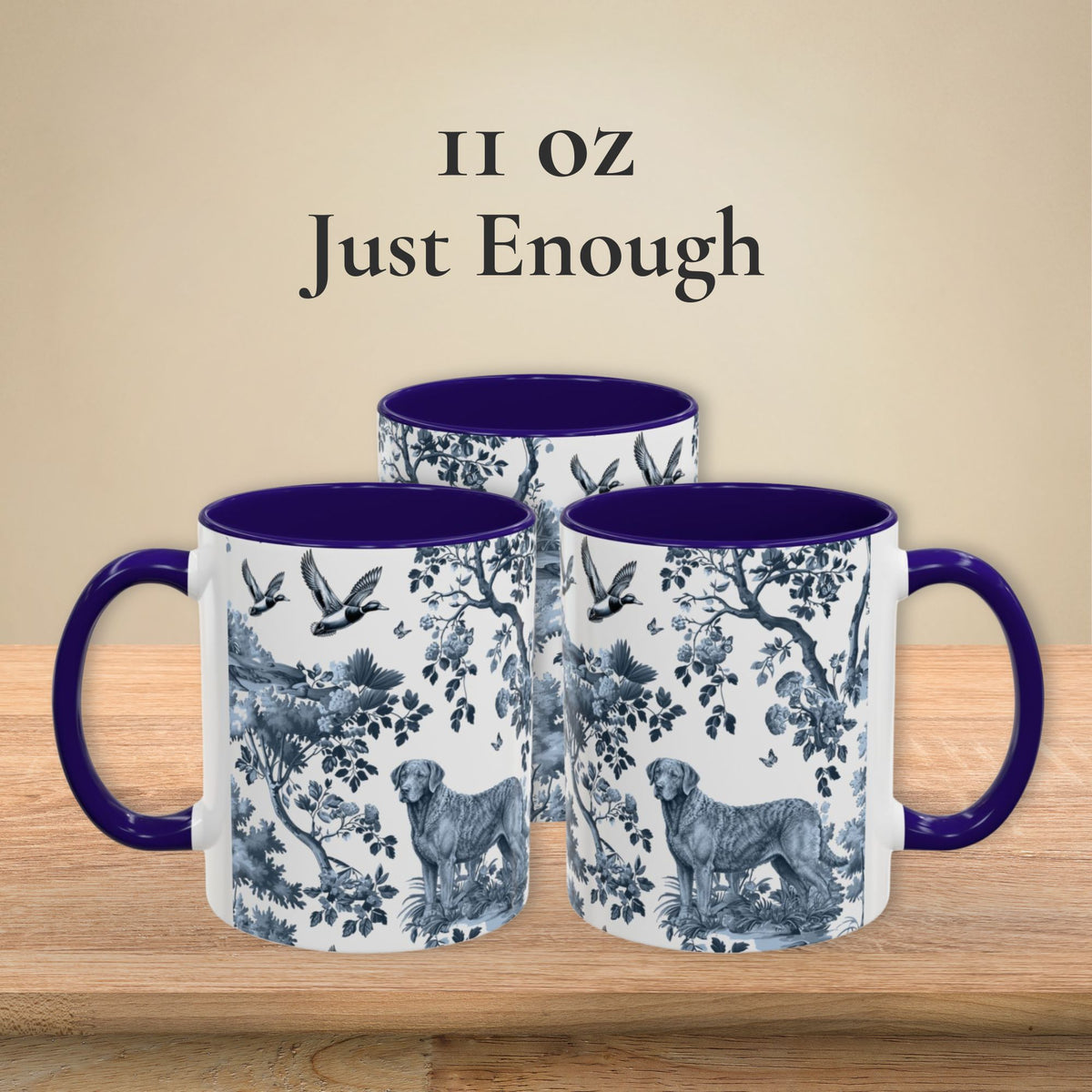 Chesapeake Bay Retriever garden toile deux 11 oz ceramic mug, left, front and right views