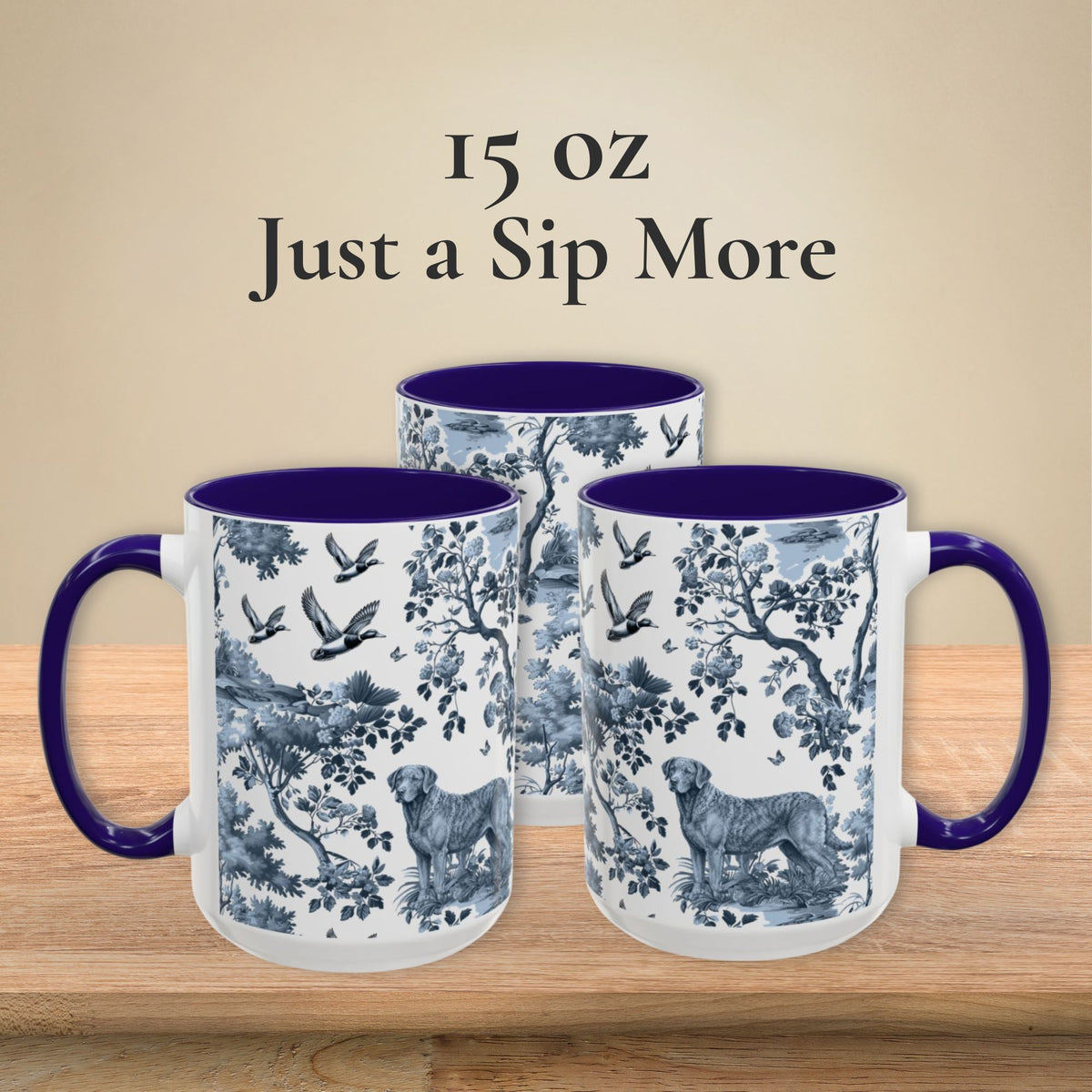 Chesapeake Bay Retriever garden toile deux 15 oz ceramic mug, left, front and right views