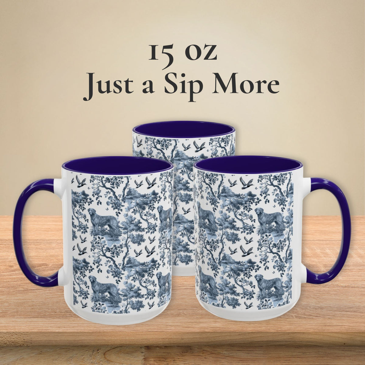 Chesapeake Bay Retriever petite garden toile deux 15 oz ceramic mug, left, front and right views