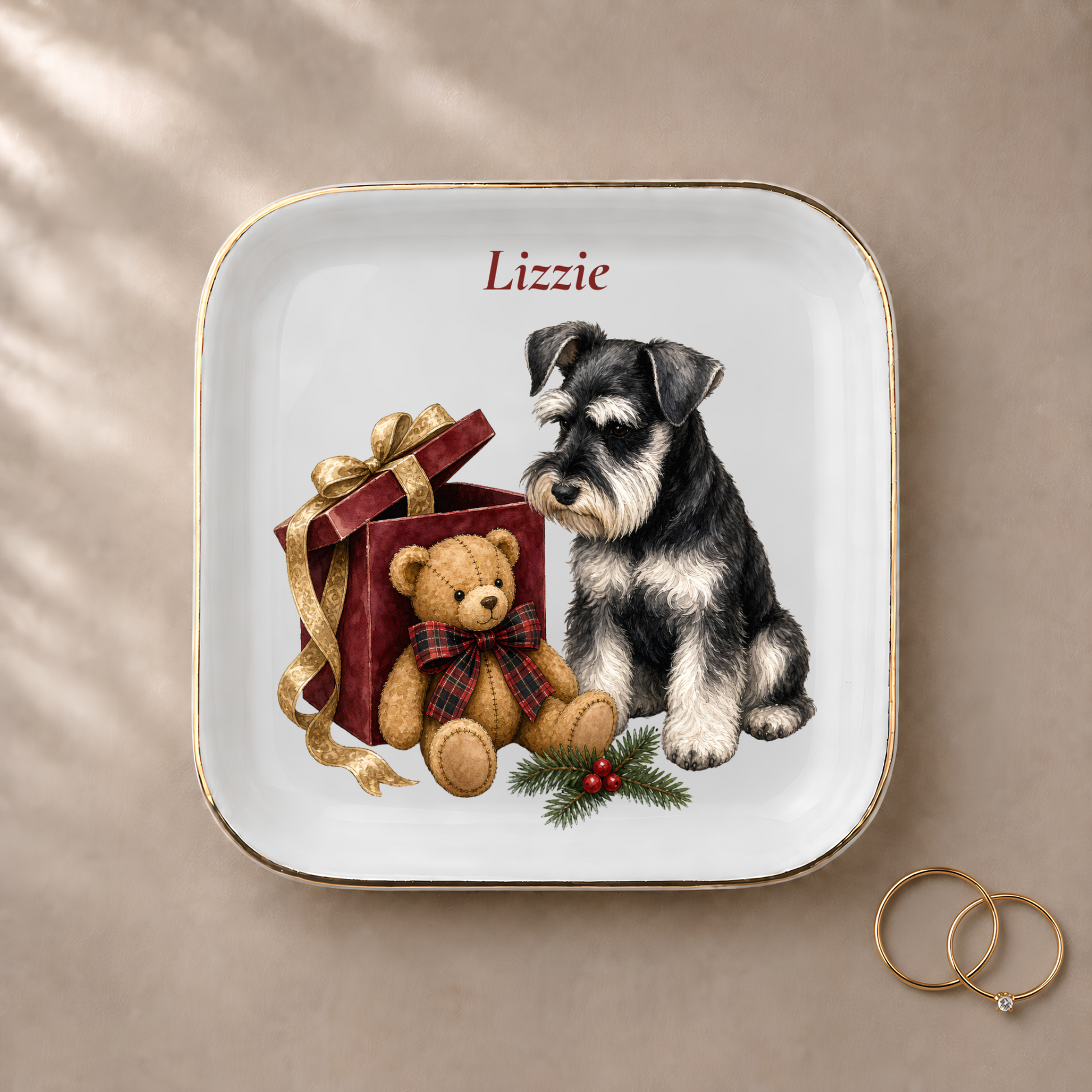 Miniature Schnauzer jewelry dish styled with gold rings and a personalized name