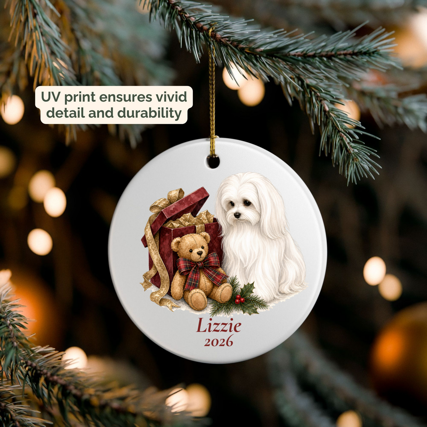 Personalized Maltese ornament hanging on a lit Christmas tree