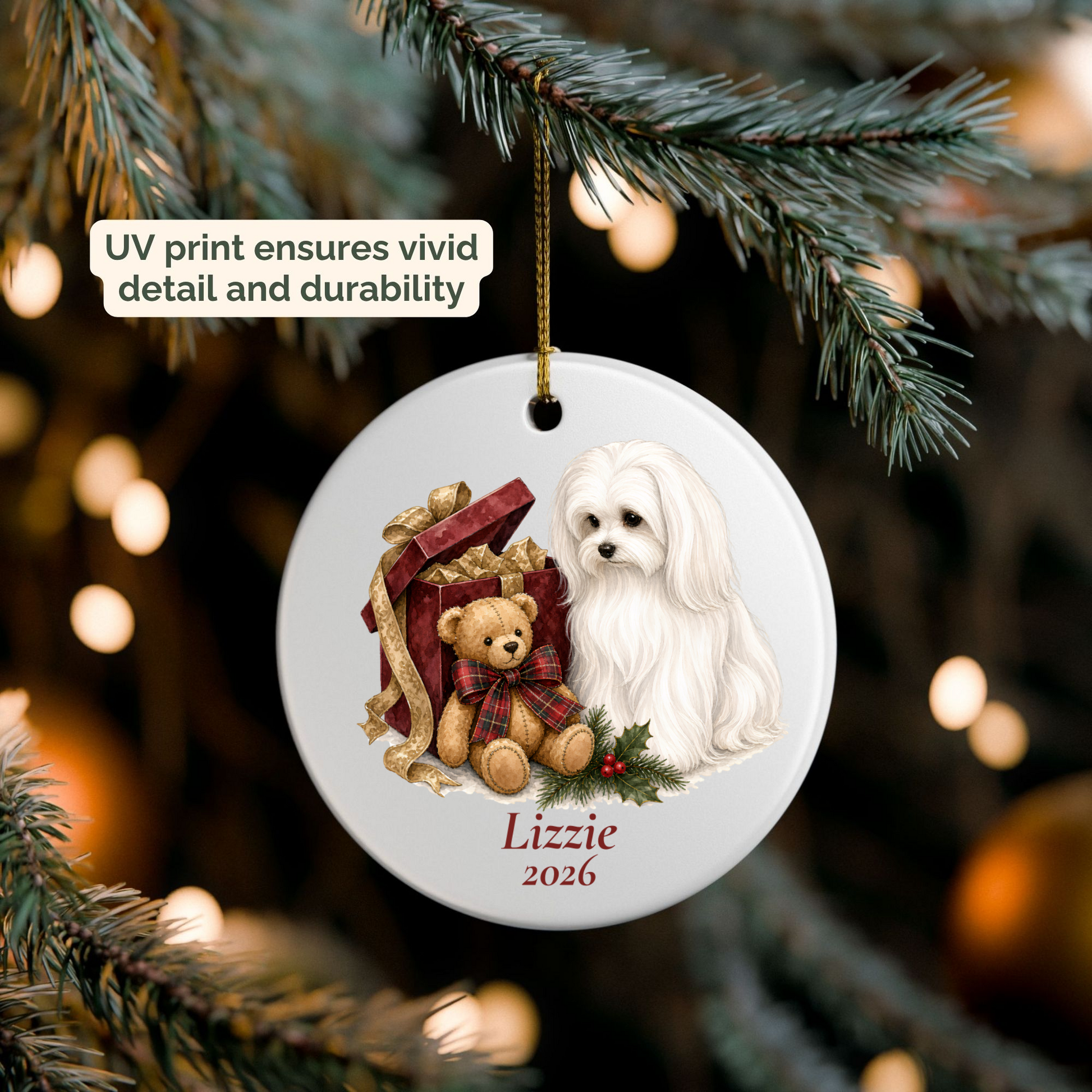 Personalized Maltese ornament hanging on a lit Christmas tree