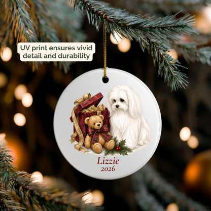 Personalized Maltese ornament hanging on a lit Christmas tree