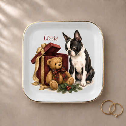 Boston Terrier jewelry dish styled with gold rings and a personalized name