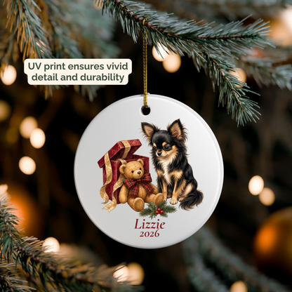 Personalized Longhaired Chihuahua (Black and Tan) ornament hanging on a lit Christmas tree