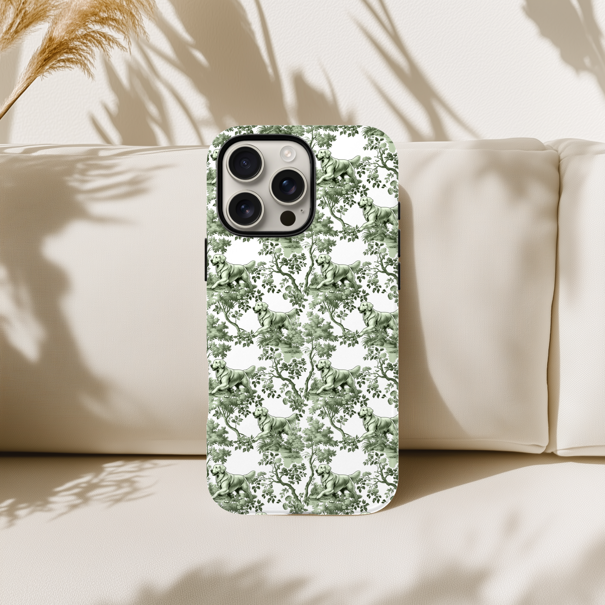 Sage green toile Golden Retriever phone case, back view