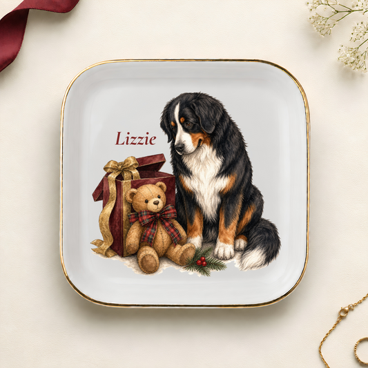 Personalized Bernese Mountain Dog Christmas jewelry dish with gold rim