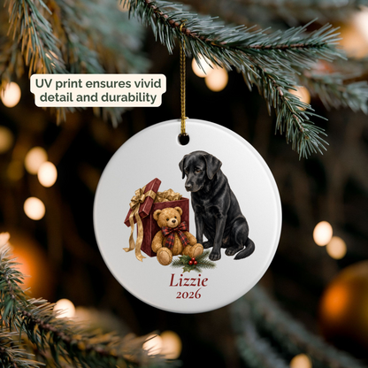 Personalized Labrador Retriever (Black) ornament hanging on a lit Christmas tree