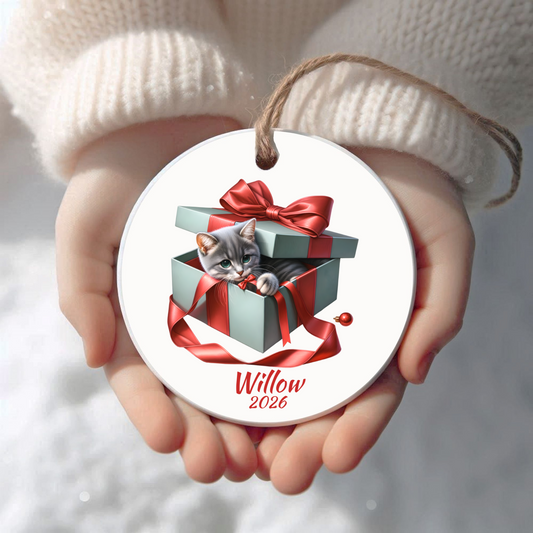 Personalized Grey Tabby Cat Christmas ornament held in cupped hands