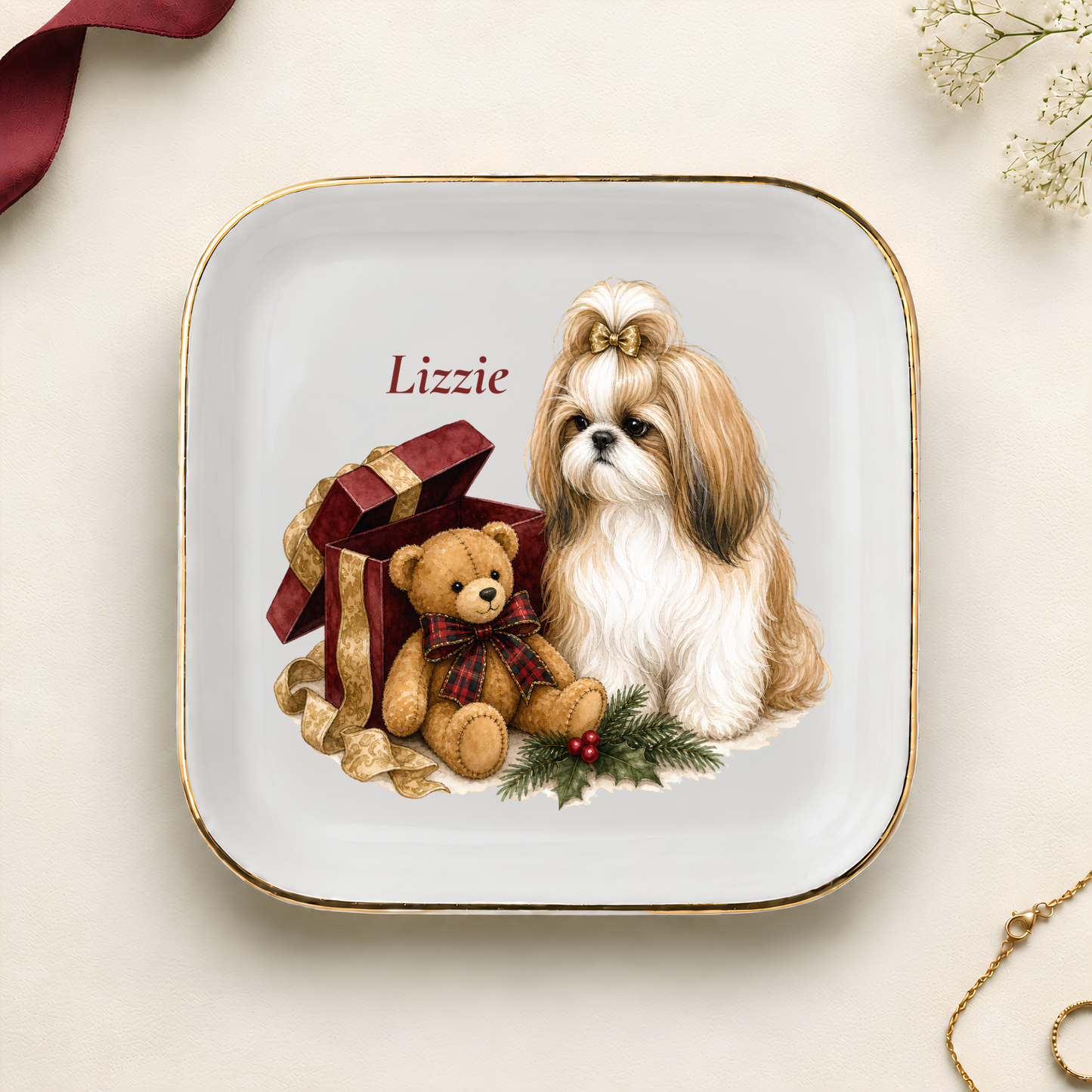 Personalized Shih Tzu Christmas jewelry dish with gold rim