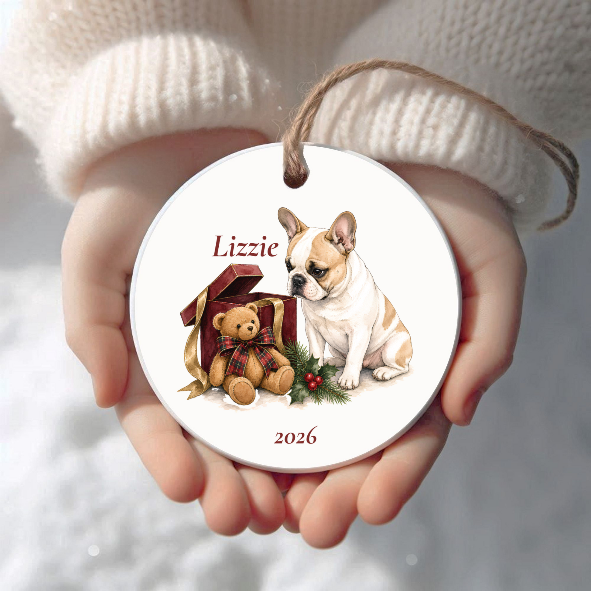 Personalized French Bulldog (Fawn & White) Christmas ornament held in cupped hands