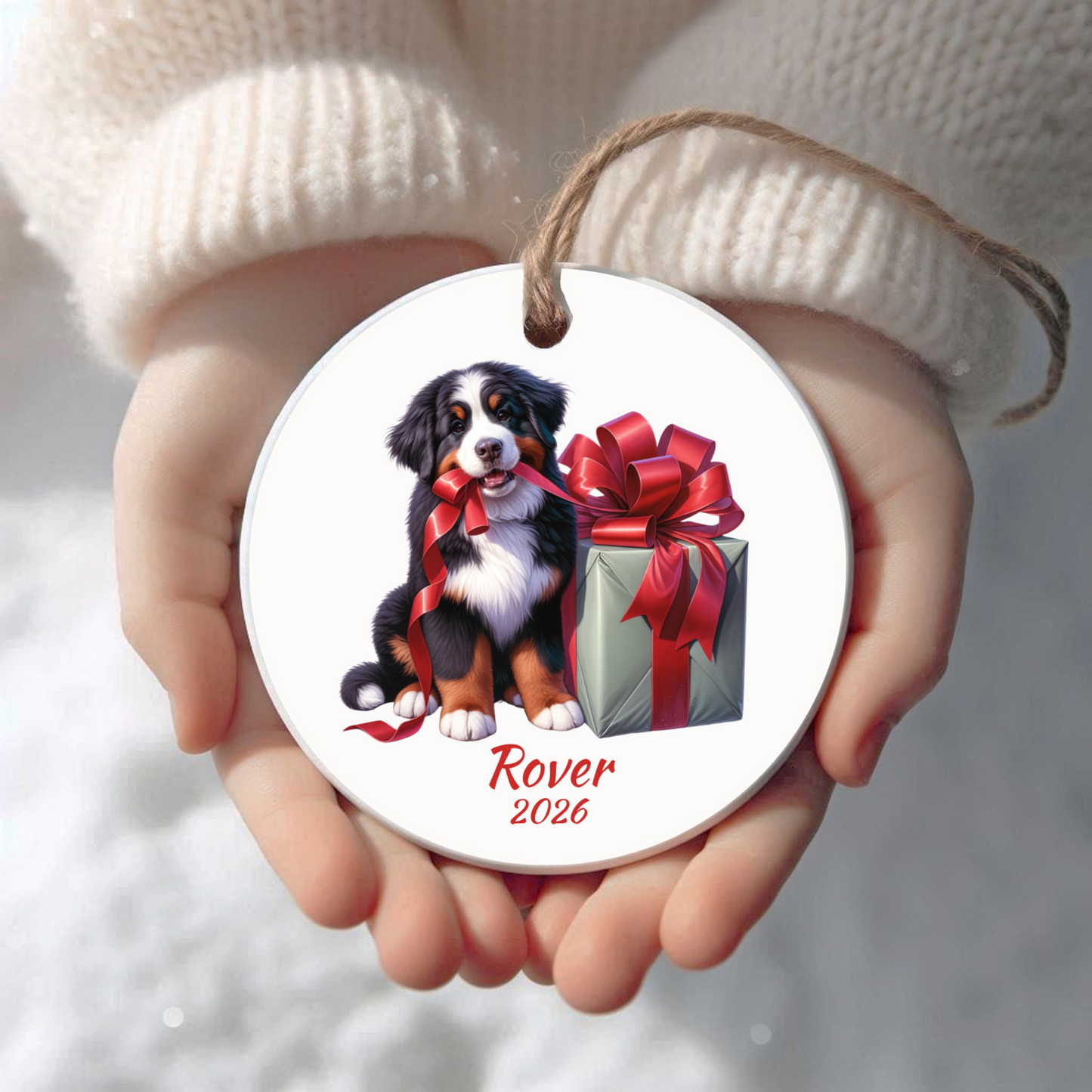 Personalized Bernese Mountain Dog Christmas ornament held in cupped hands