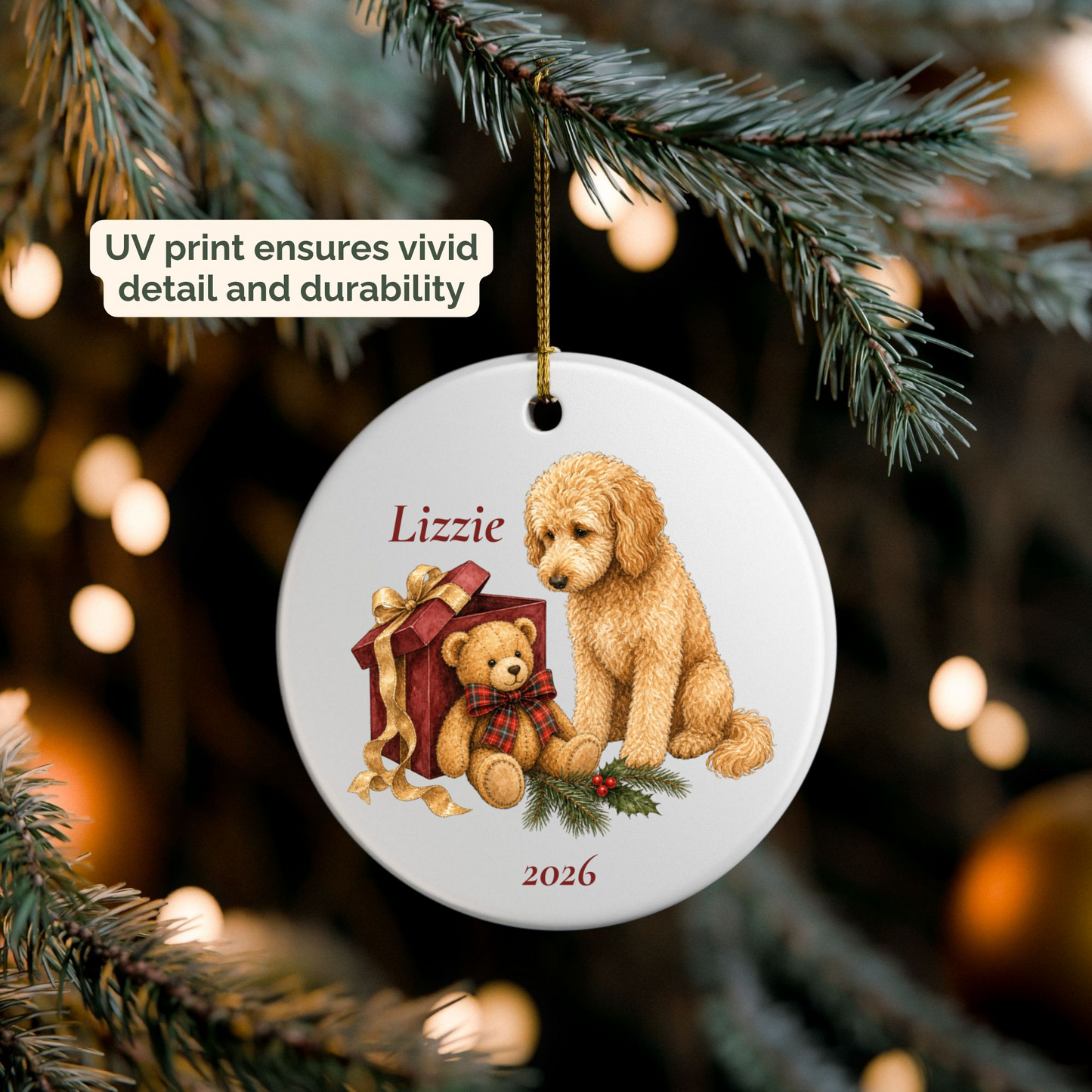 Personalized Goldendoodle ornament hanging on a lit Christmas tree