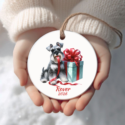 Personalized Miniature Schnauzer Christmas ornament held in cupped hands