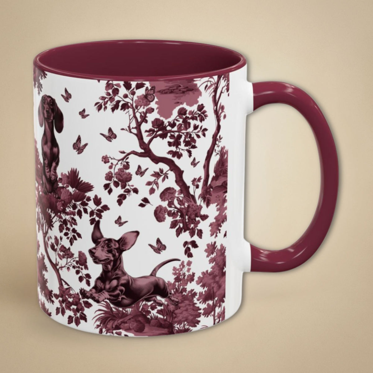 Dachshund cranberry toile 11 oz ceramic mug, right view