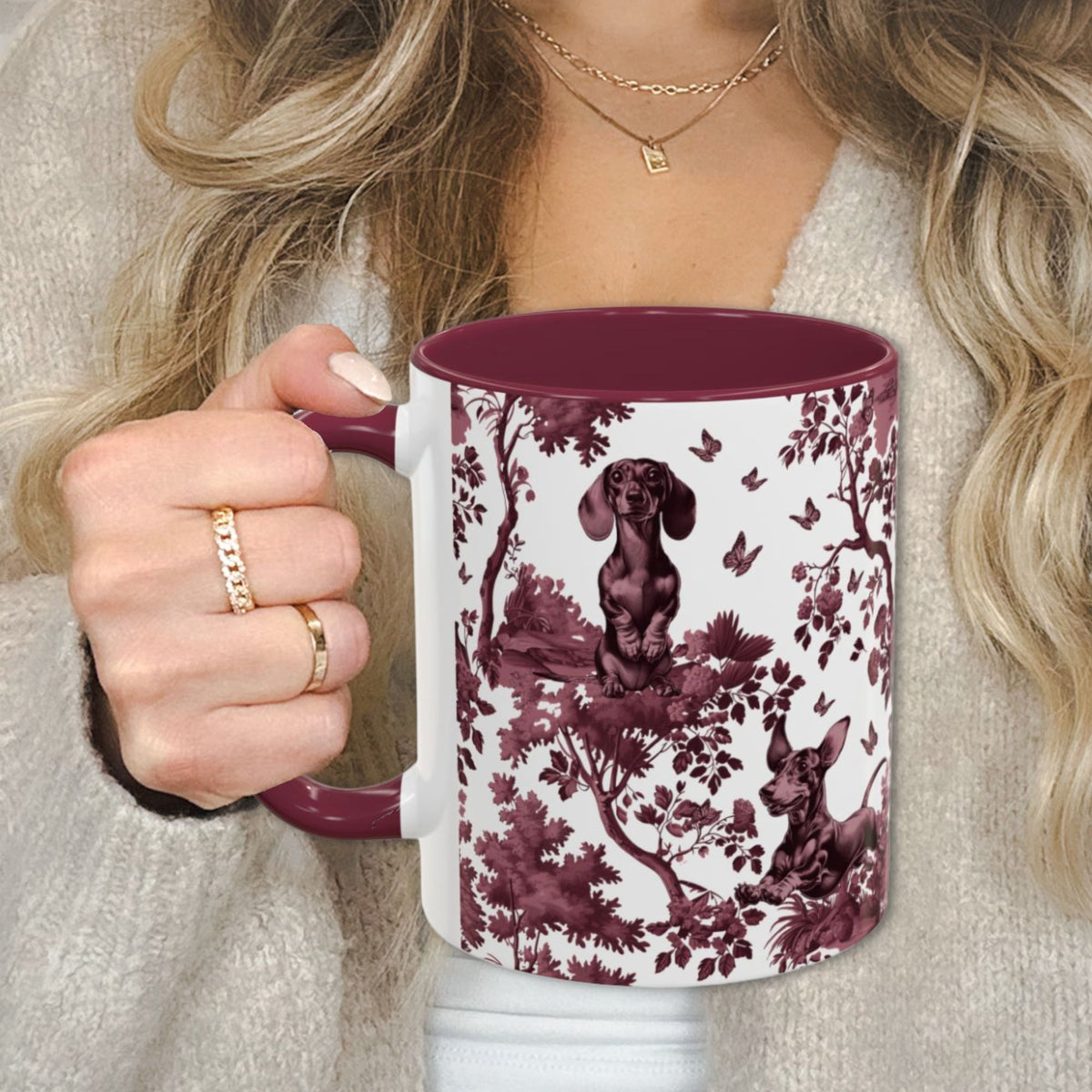 Dachshund cranberry toile 11 oz ceramic mug, left view