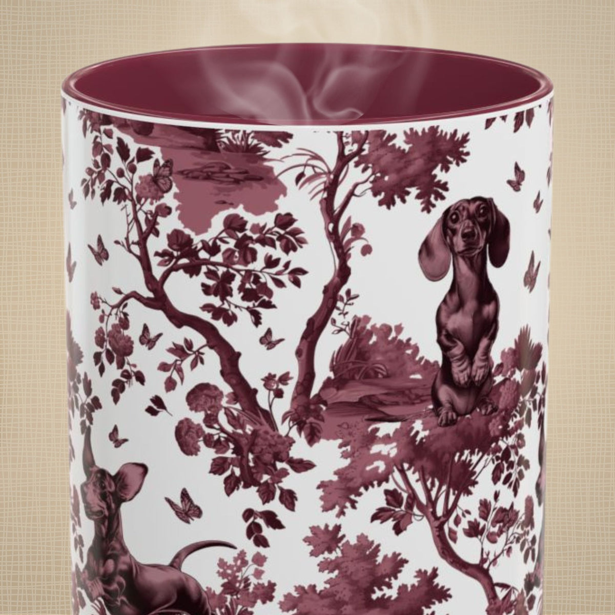 Dachshund cranberry toile 15 oz ceramic mug, front view