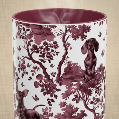 Dachshund cranberry toile 15 oz ceramic mug, front view