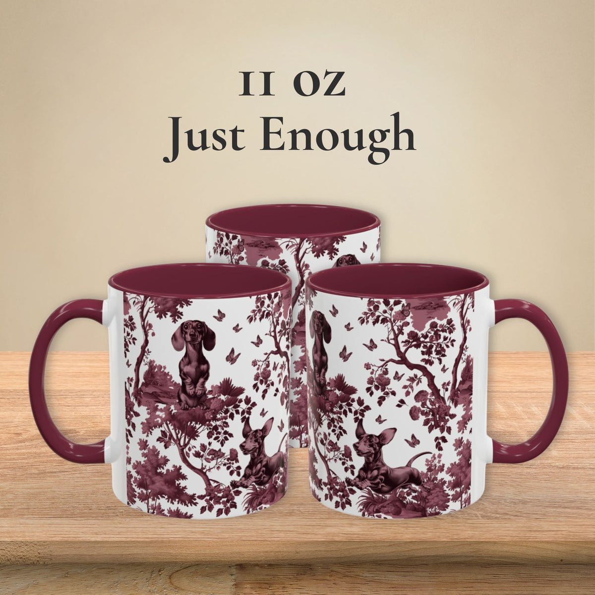 Dachshund cranberry toile 11 oz ceramic mug, left, front and right views