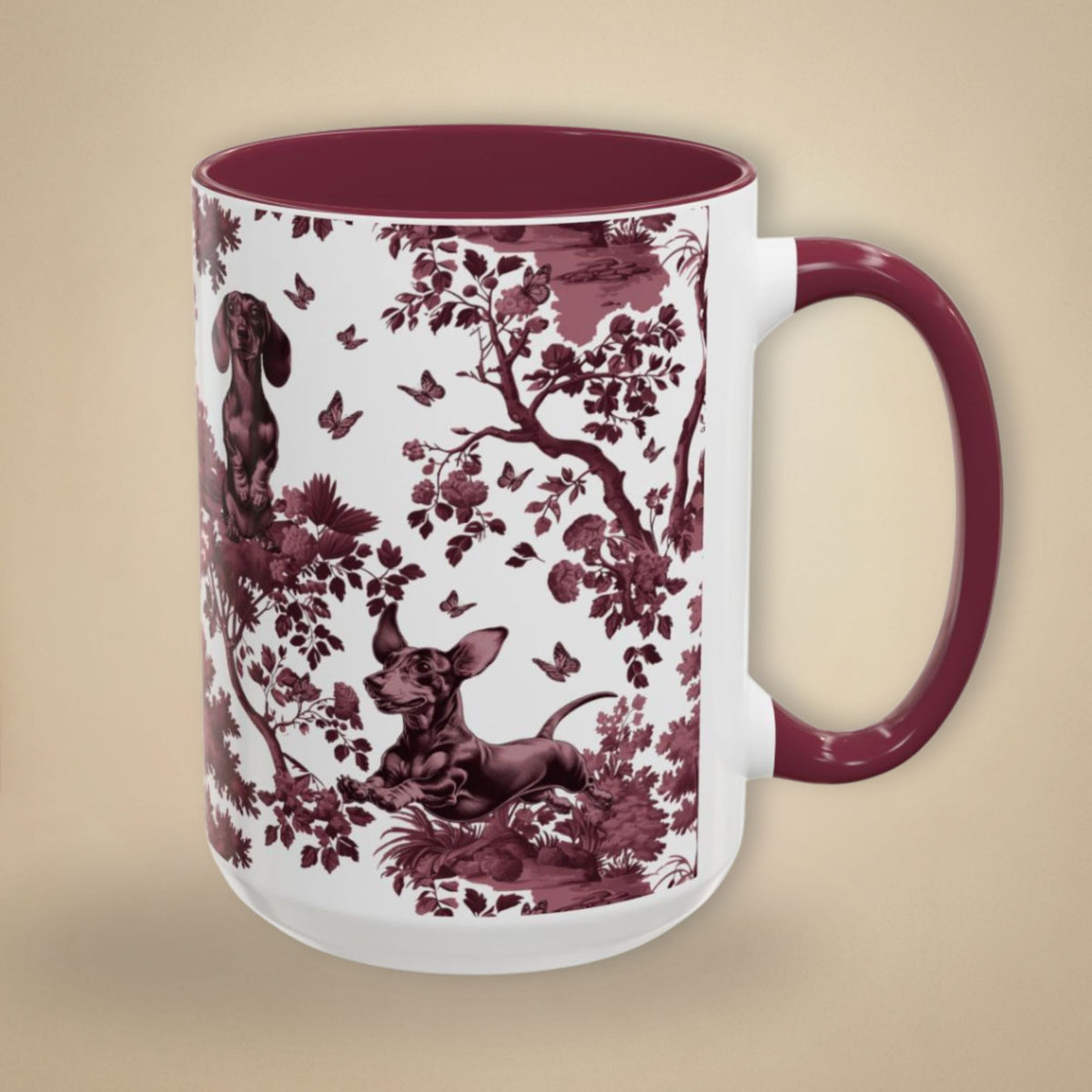 Dachshund cranberry toile 15 oz ceramic mug, right view