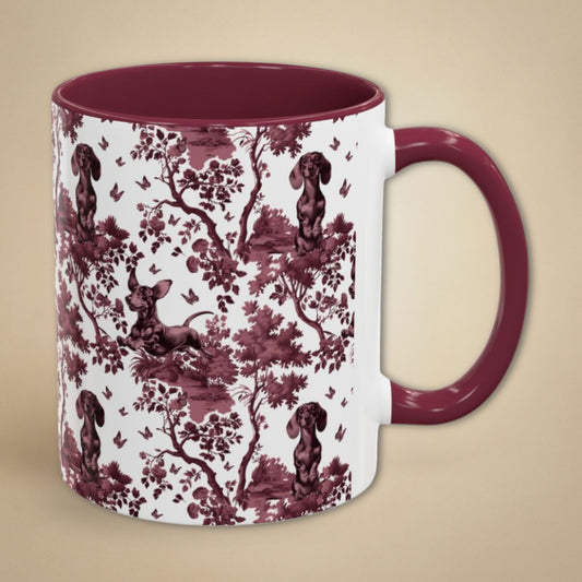 Dachshund petite cranberry toile 11 oz ceramic mug, right view