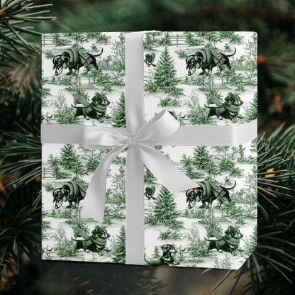 Dachshund green winter toile Christmas wrapping paper