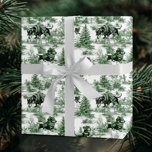Dachshund green winter toile Christmas wrapping paper
