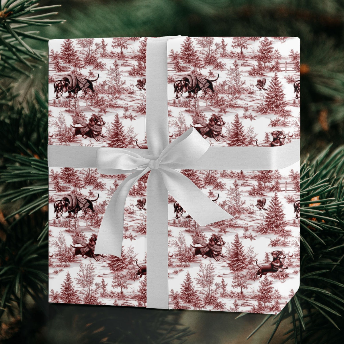 Dachshund red winter toile Christmas wrapping paper