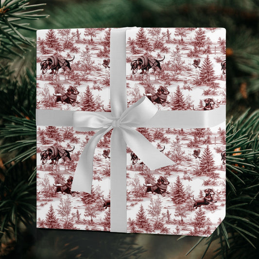 Dachshund red winter toile Christmas wrapping paper