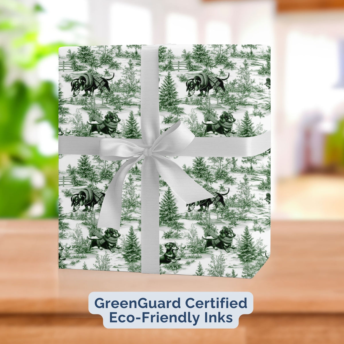 Dachshund green winter toile Christmas wrapping paper