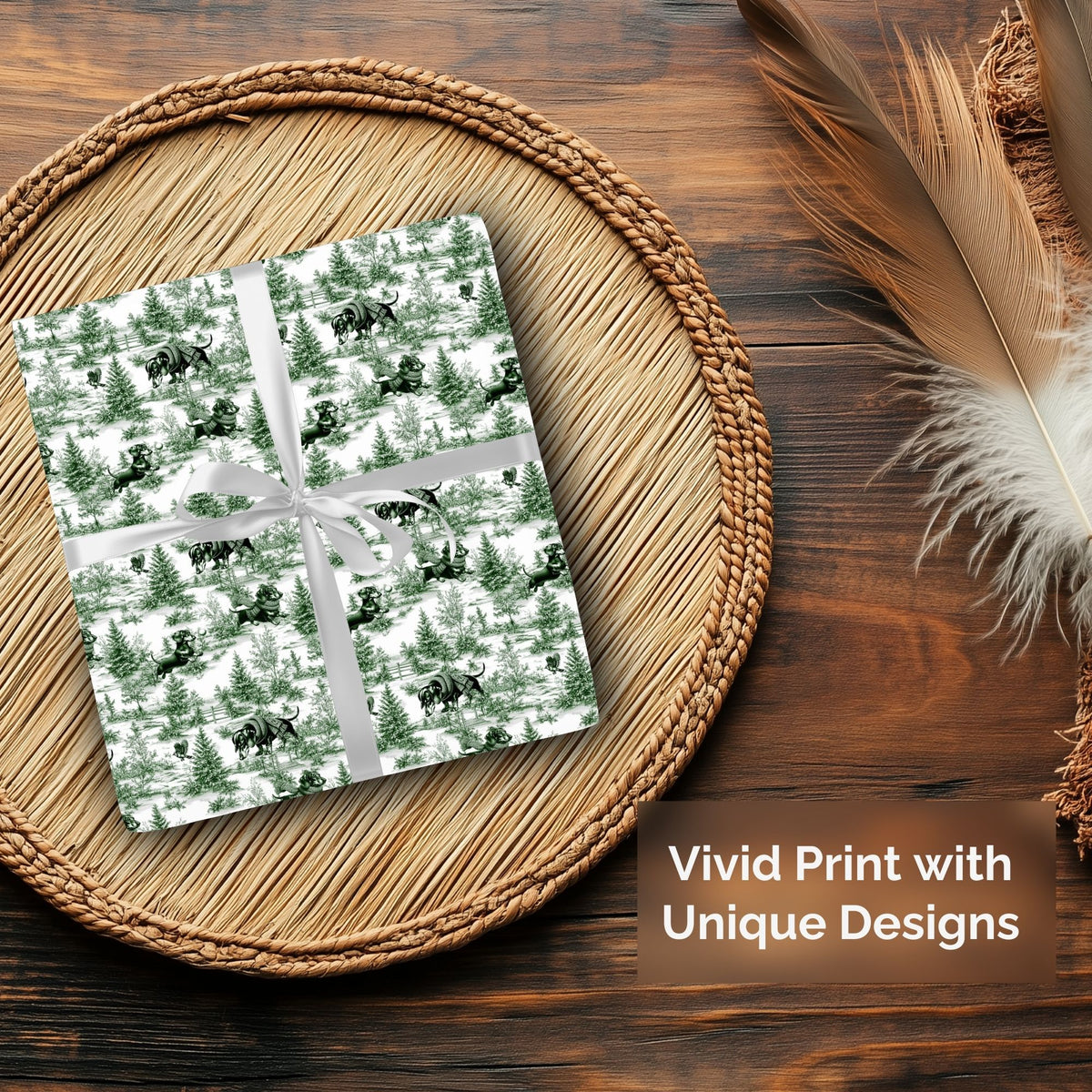 Dachshund green winter toile Christmas wrapping paper