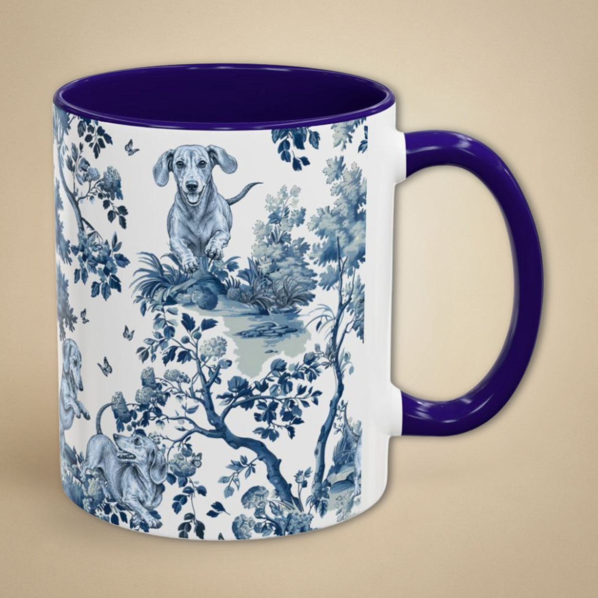 Dachshund Playing garden toile deux 11 oz ceramic mug, right view
