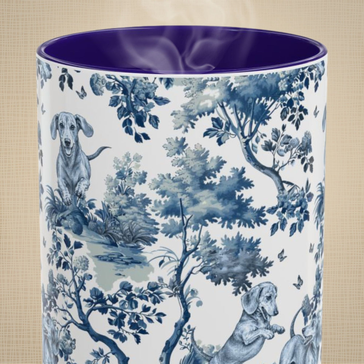 Dachshund Playing garden toile deux 15 oz ceramic mug, front view